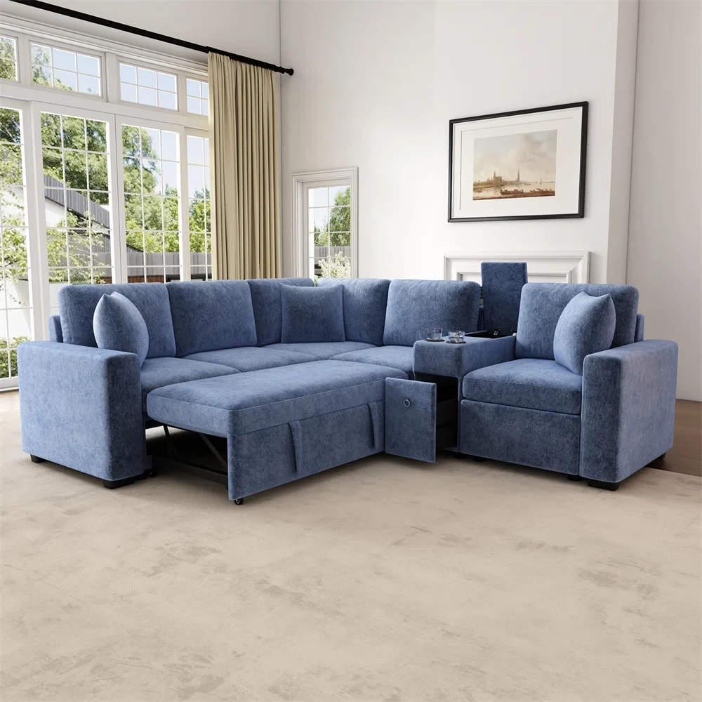 #￥Manufacturer Extra Large Convertible Sofa Bed Sectional Sofa Cama Reversible Sleeper with Pull-Out Bed Cup Holders