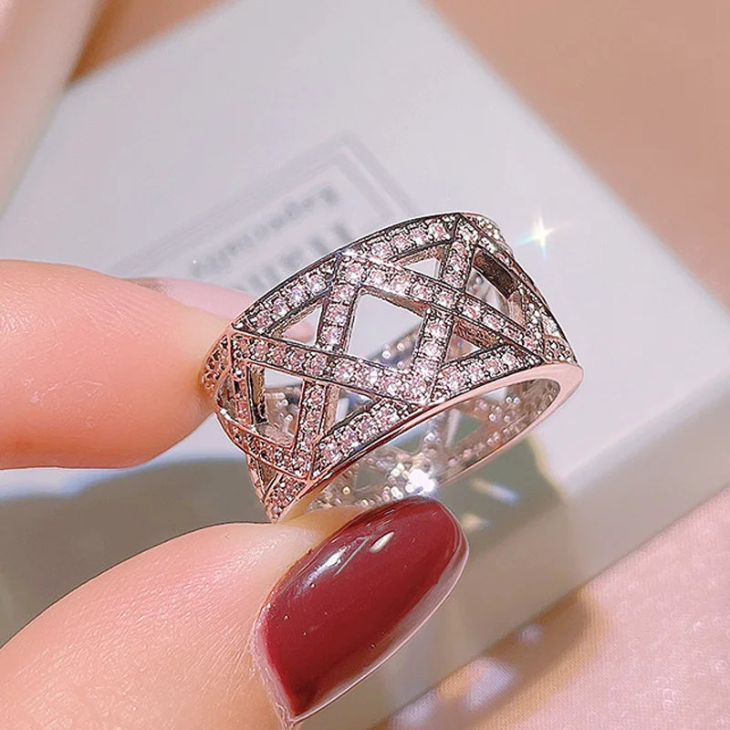 

Hot Simple 100% 925 Sterling Silver Cross Rings for Women Grid Design Hollowed Out Ring Wedding Jewelry Gift Party