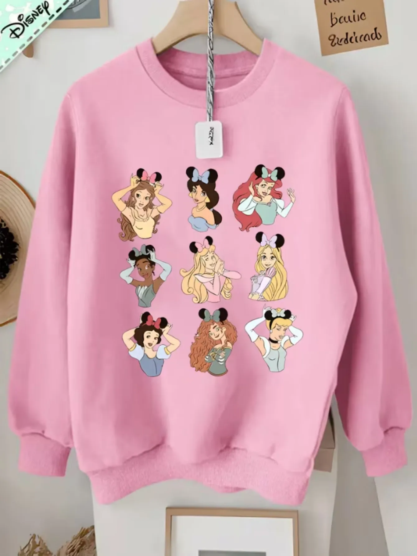 

Свитер Disney Sweet Girlish больших размеров с круглым вырезом и принтом принцесс Диснея, осенне-зимний, для повседневной носки, для отдыха, можно стирать в машине