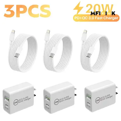 MFIGlGK 3pcs  Universal Power Adapter for iPhone 14 Pro Max/ 13/ 12/ 11, 20W+18W PD Type-C Charger Block