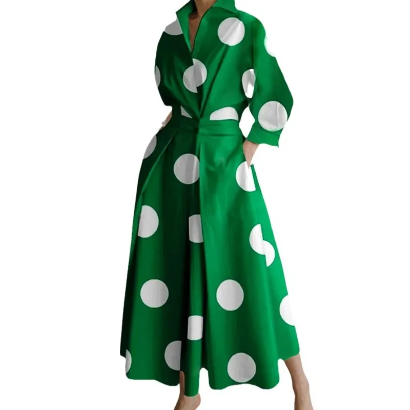 Autumn Dress Long Sleeve Dot Print Elegant Maxi Dresses For Women 2024 Casual V Neck Shirt Party Long Dress Robe Femme