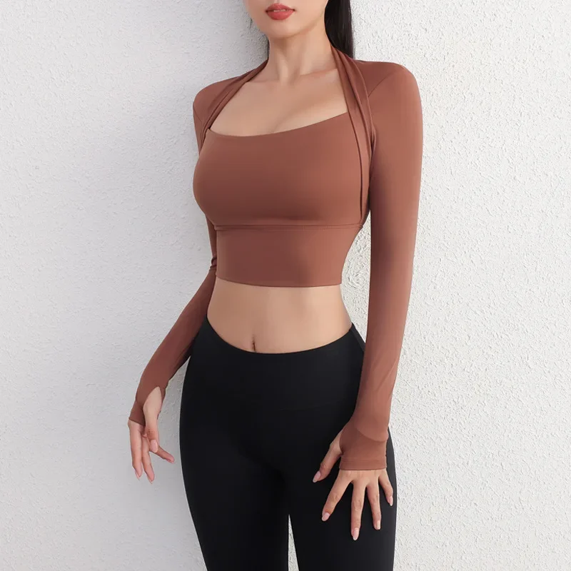 Almofada de peito fitness esportes topo feminino camisas de manga longa pra acelerar curto elegante dança yoga roupas pequena cintura ginásio