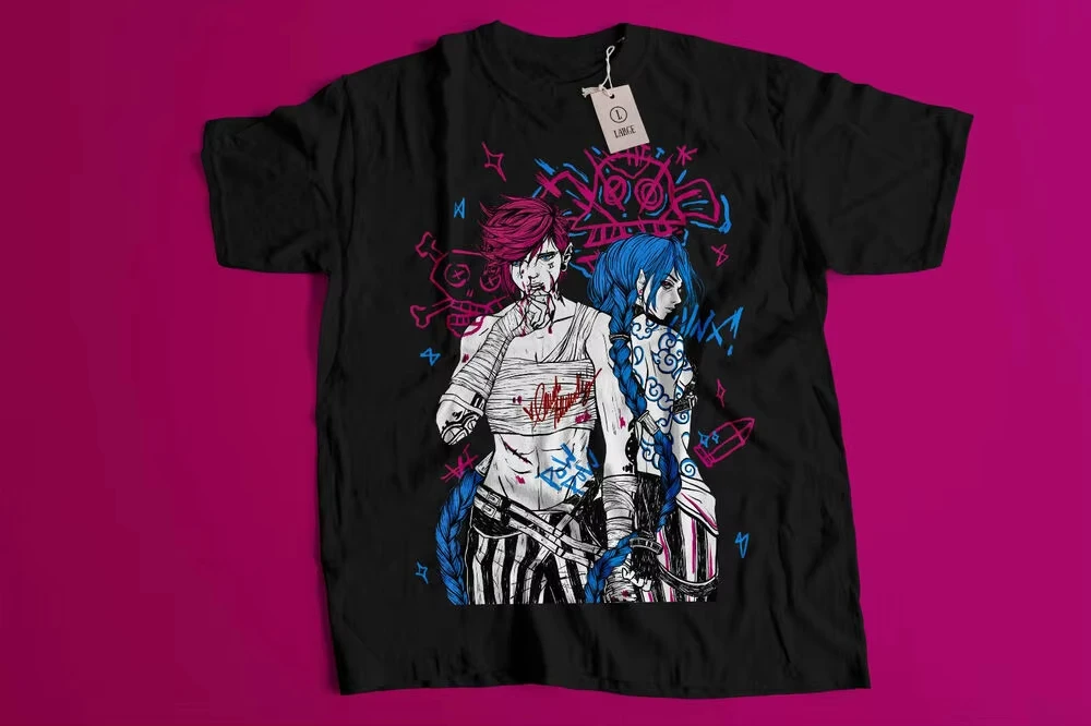 Jinx Arcane T-Shirt Japanese Anime Cartoon Jinx Black T-Shirt 060 Comic-Con event costumes