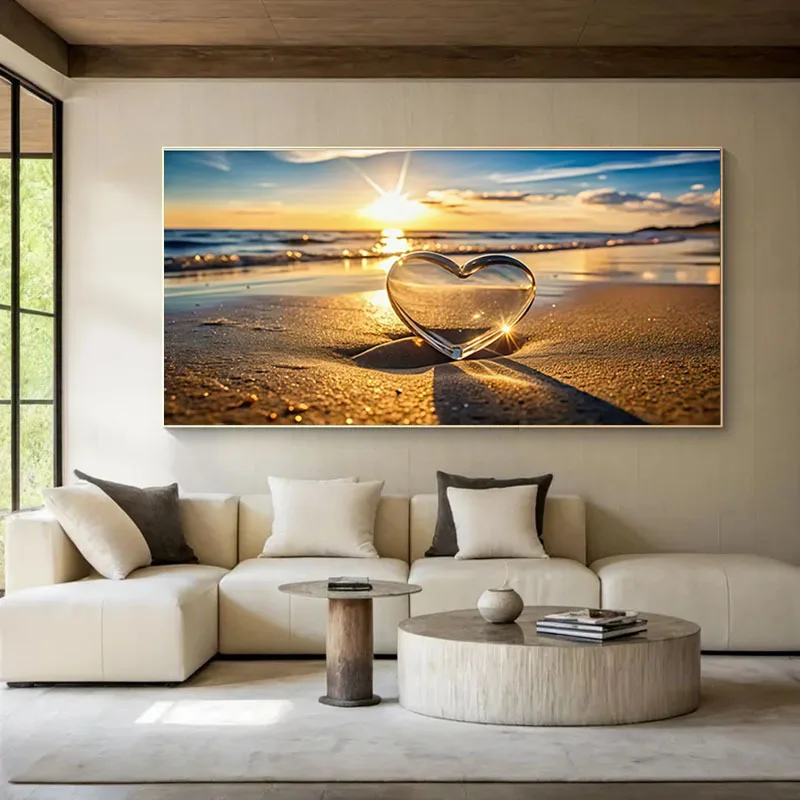 Oversized Beach Sunset with Heart Reflection Heart-shaped Canvas Print Golden Beige Blue Coast Wall Art Posters for Home Decor