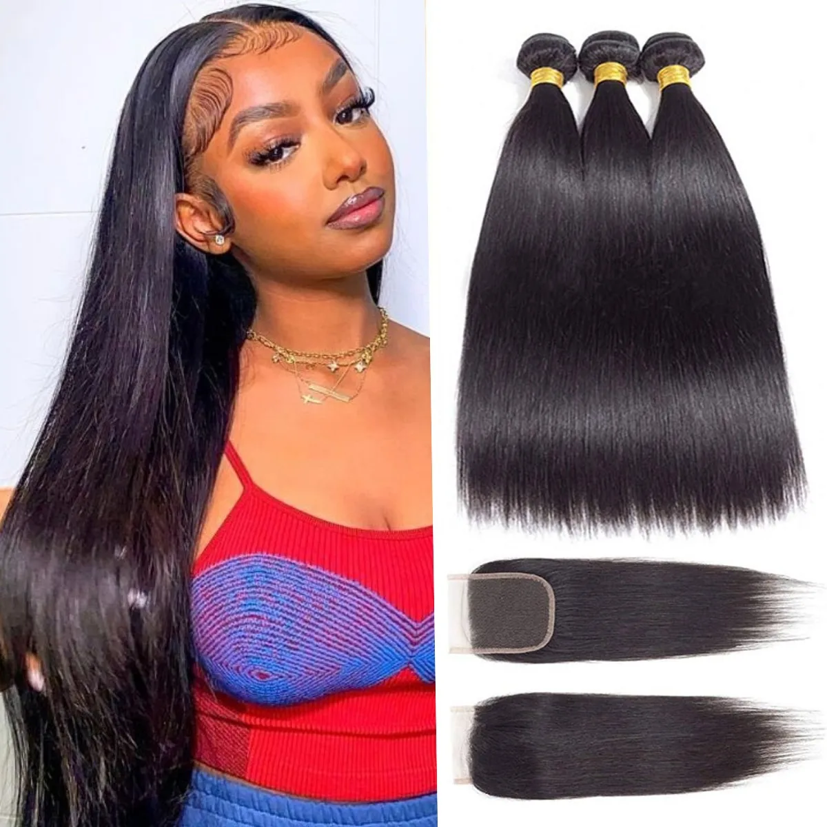 

12A Straight Human Hair Bundles With 4x4 Lace Closure Brazilian Straight Hair Weave 3 Bundles Royal Impression Hair Extension