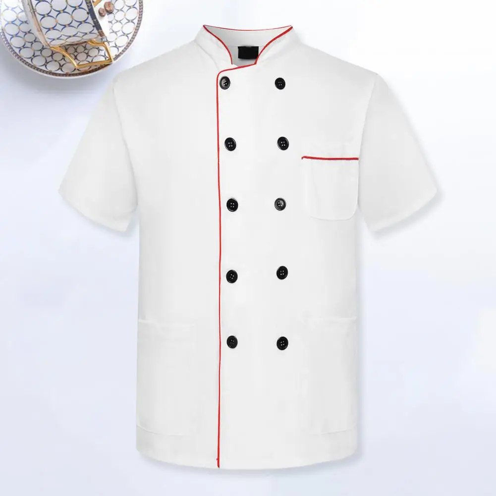 Unisex Chef uniforme Stand colarinho Tops, Linha de manga curta Decoração, Double Breasted Patch Pocket, Restaurante, Padaria, Garçom Uniforme