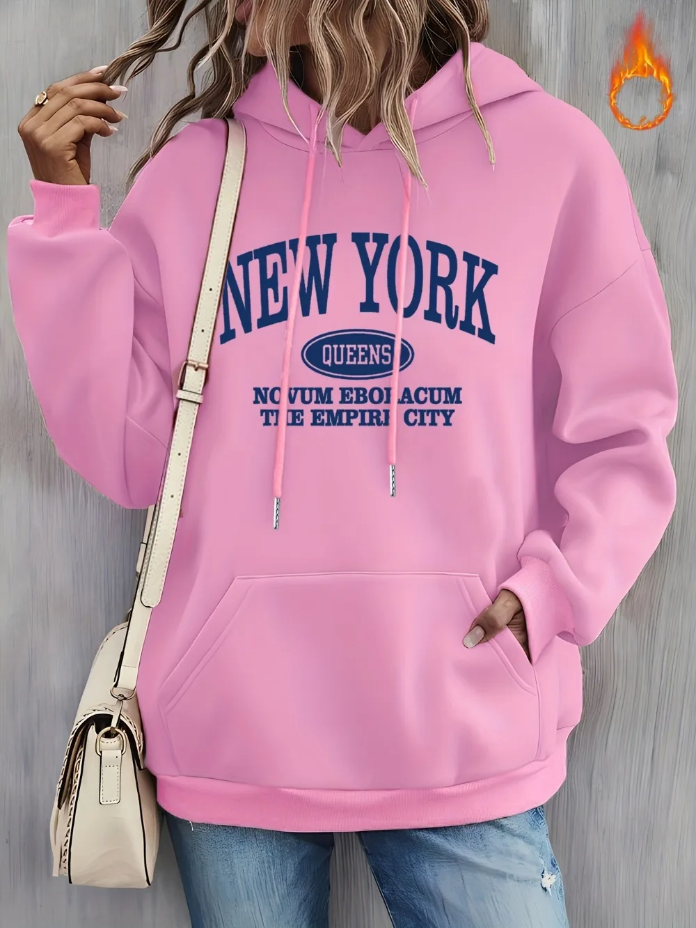 Womens New York Print Hoodie - Fashionable Solid Color with Adjustable Drawstring Hood & Roomy Kangaroo Pocket Sweatshirt