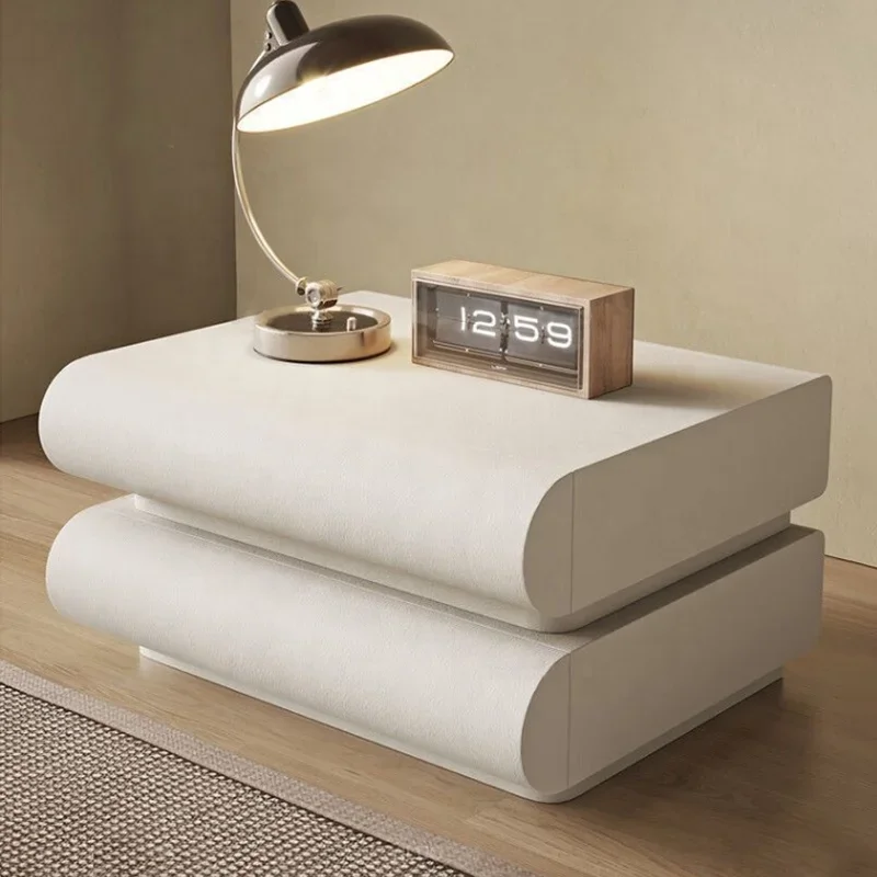 

-Cream-Style Solid Wood Bedside Storage Cabinet Modern Bedroom White Microfiber Leather Night Stand