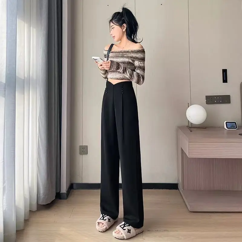 Grey Wide Leg Pants for Women in Spring and Autumn 2024 New Slim and Casual Suit Pants High-end Hanging Straight Leg Floor Pants