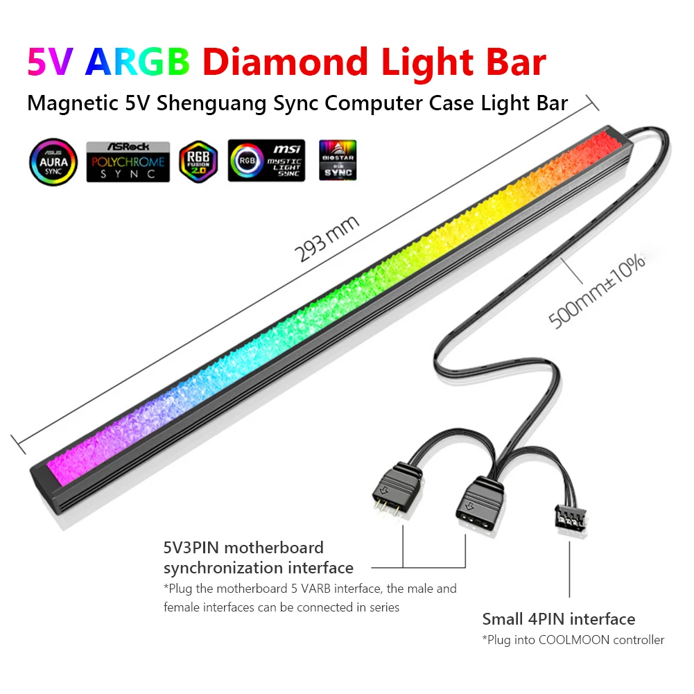 COOLMOON ARGB LED Strip Light 5V 3Pin Small 4Pin Diamond Magnetic Colorful Atmosphere DIY Lamp Bar for PC Computer Case Chassis