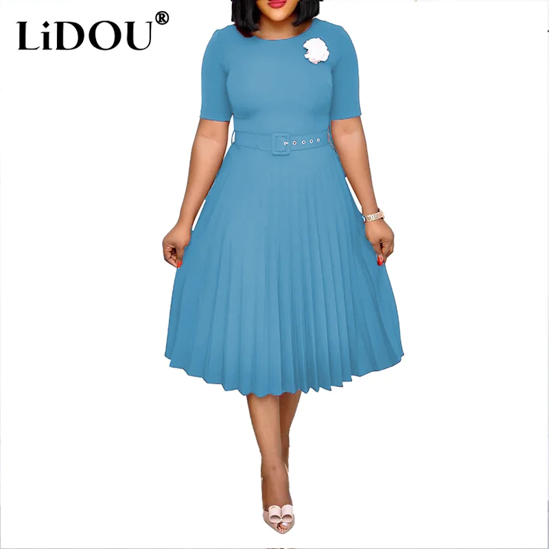 Summer New Fashion Sweet Literary Plus Size Dress Women Solid Color Short Sleeve Pleated Vestidos De Fiesta Chic Female Clothes