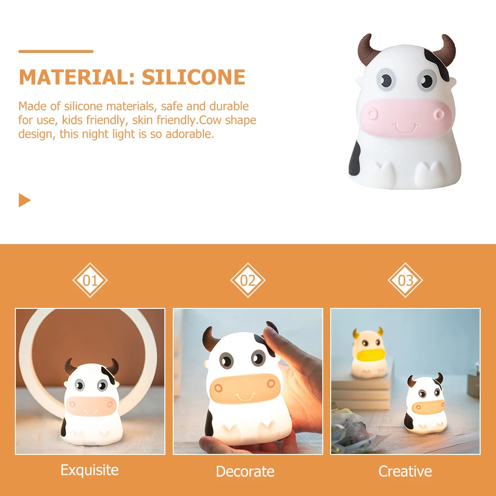 Cow Night Light Cartoon Lamp Bedside Desk Dresser Table Desktop Silica Gel for Bedroom