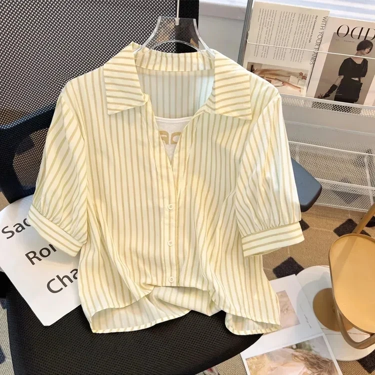 

Модная свободная полосатая блузка для женщин, летняя новинка, шифоновый топ в корейском стиле с воротником, стандартный крой