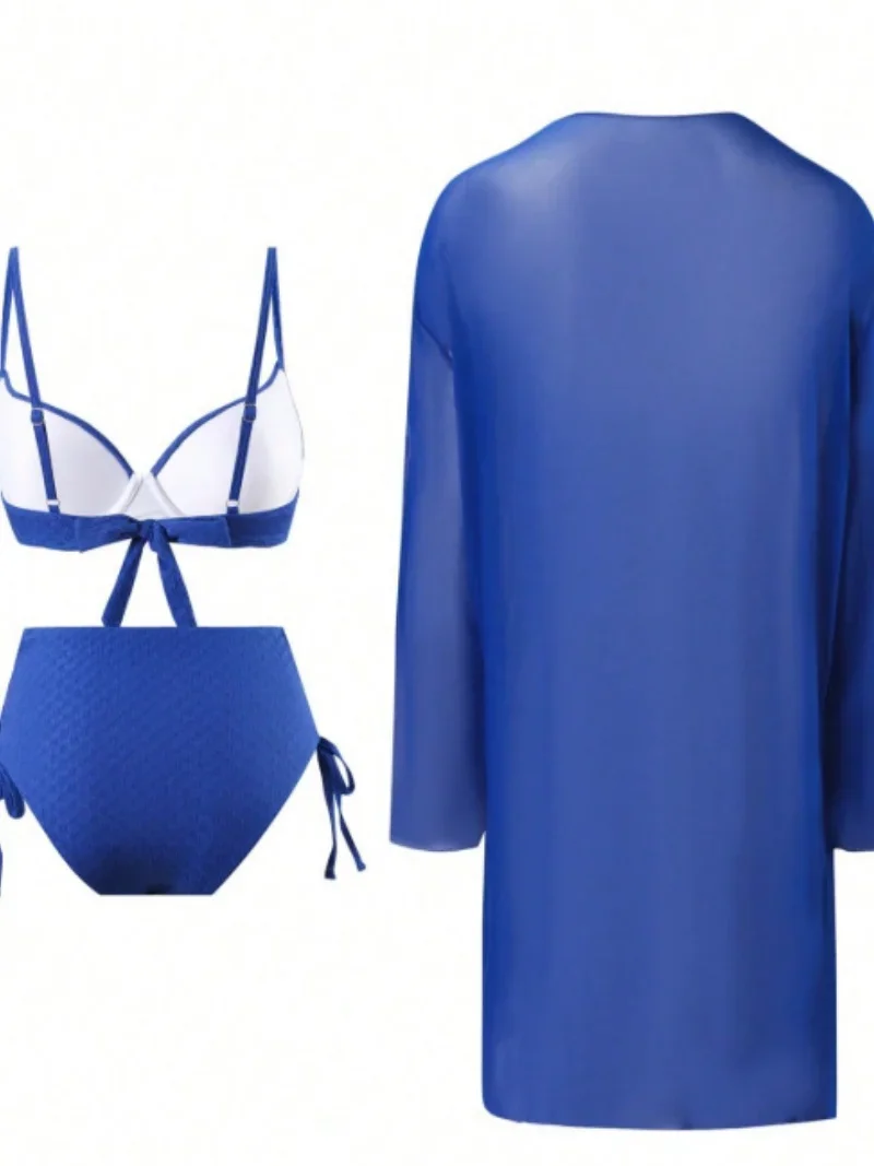 Holiday Long Sleeve Cover Up 3 Piece Bikini Set 2025 Women Metal Buckle Push Up High Waist Swimsuit Beach Bathing Suit Swimwear