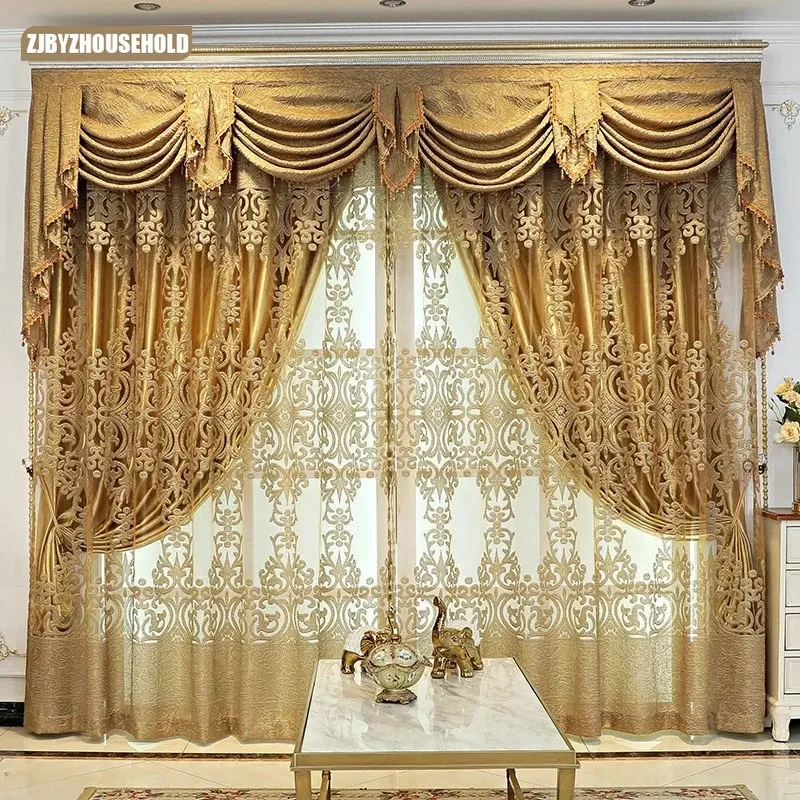 

Luxury Dark Gold European Jacquard Curtains for Living Dining Room Bedroom Gold Embossed High Shading Custom Valance