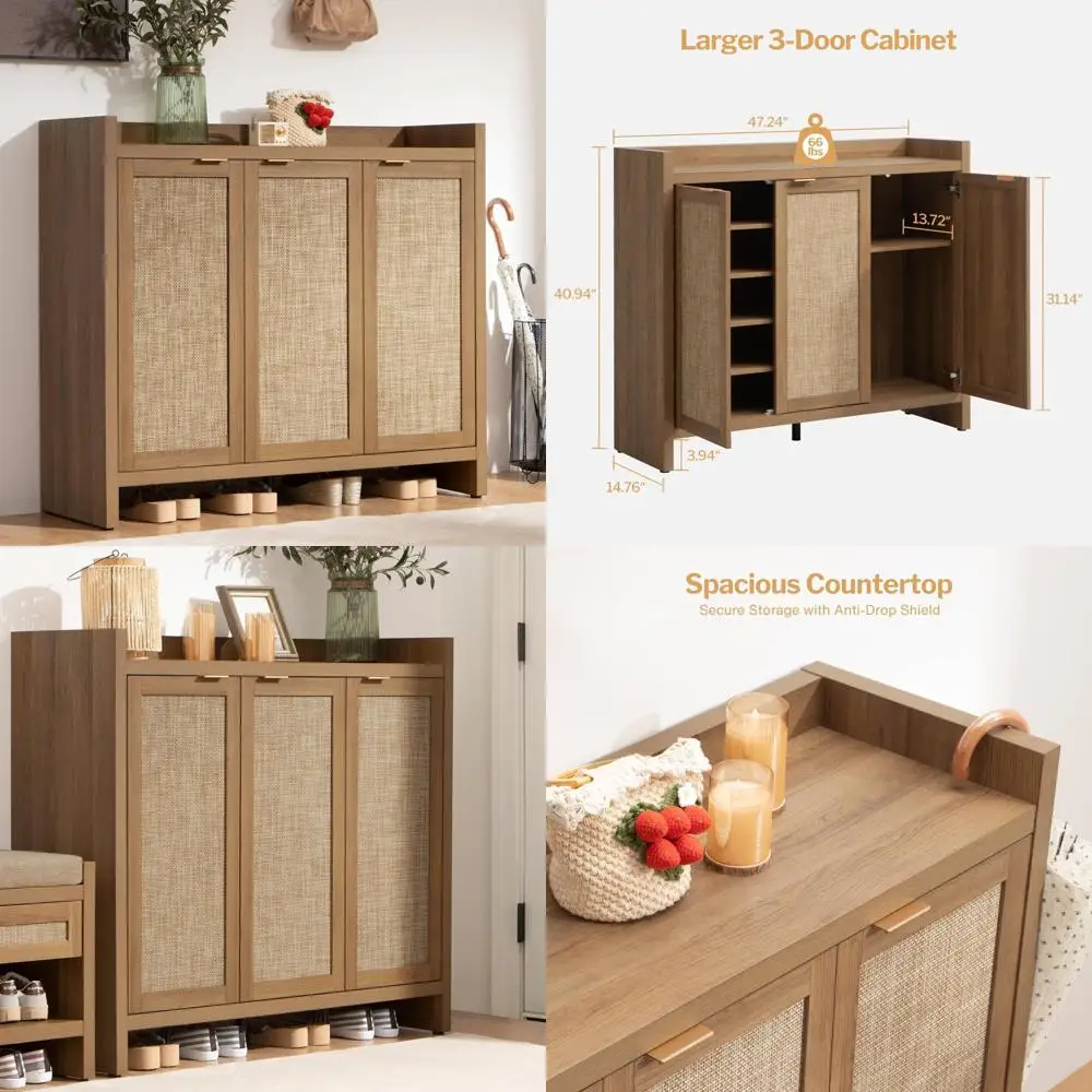 خزانة تخزين أحذية الروطان الكبيرة المكونة من 6 طبقات، سعة 30 زوجًا، منظم المدخل الطويل، طراز المزرعة البوهيمية