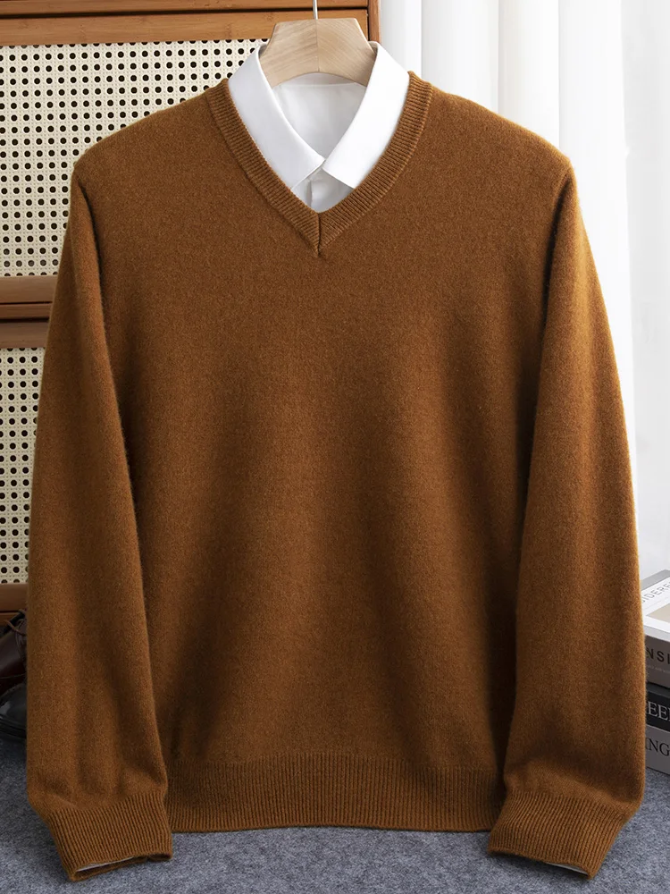 2024 Autumn Winter Men V-neck Wool Sweater Long Sleeve Pullover 100% Merino Wool Knitwear Smart Casual Basic Cashmere Clothing