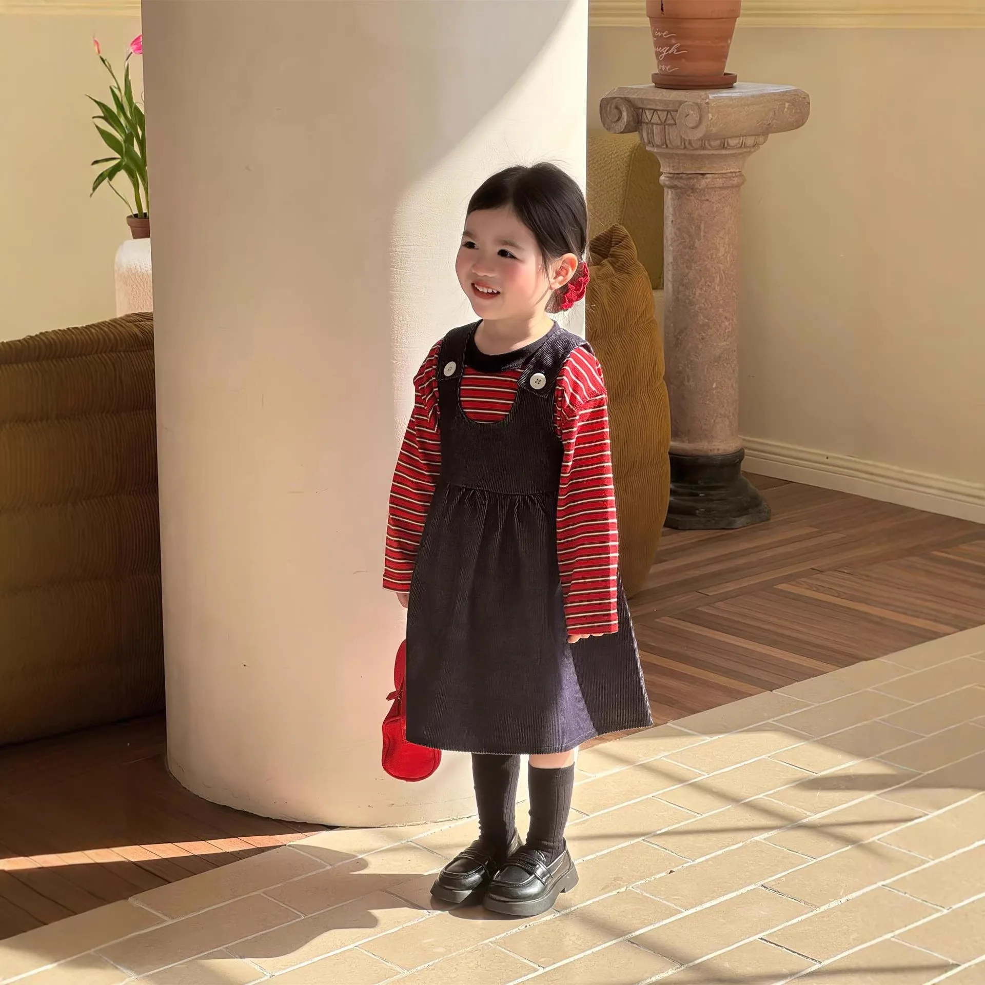 Girls Set 2026 Spring Summer New Sweet and Cute Corduroy Buckle Strap Skirt Striped Bottom Shirt Casual Fashion Daily Elegance