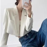Blazer corto a la moda para mujer, chaquetas básicas blancas, Top elegante liso de manga larga, abrigos abiertos en la parte delantera, prendas de vestir cortas informales, abrigo de oficina