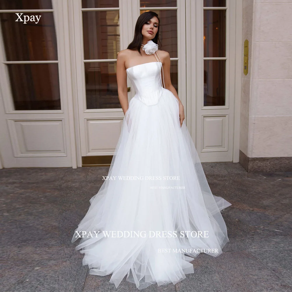 XPAY Principessa senza spalline A Line Abiti da sposa Morbido tulle Fiori 3D Abito da sposa personalizzato Abito da sposa lungo da spiaggia con pavimento senza schienale