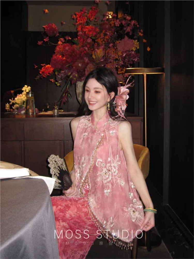 New Chinese-style sequined tie-dyed sleeveless waistcoat velvet floral skirt
