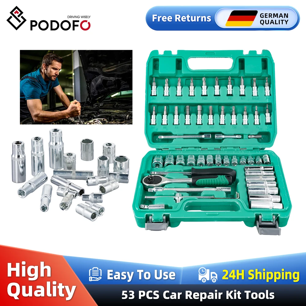 Podofo 53 pièces ensemble d'outils de réparation de voiture avec douilles réparation de Machine de réparation de voiture clé à cliquet rapide pour motos Street-Touring