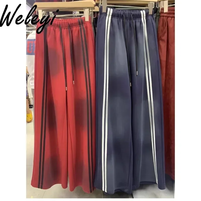 Baggy moda vermelho gradiente cor sweatpants para as mulheres 2024 primavera e outono novo solto esportes cintura alta calças largas perna femme