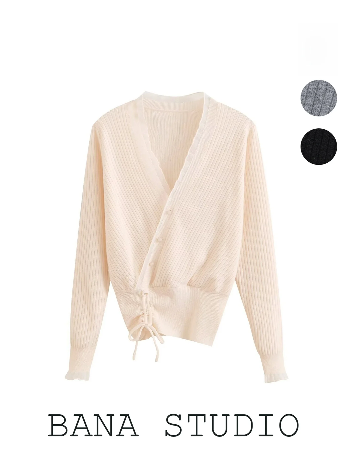 

Женский вязаный топ BANA из белого трикотажа с V-образным вырезом и завязками на талии, весна-осень, приталенный, с длинными рукавами, для стройности фигуры