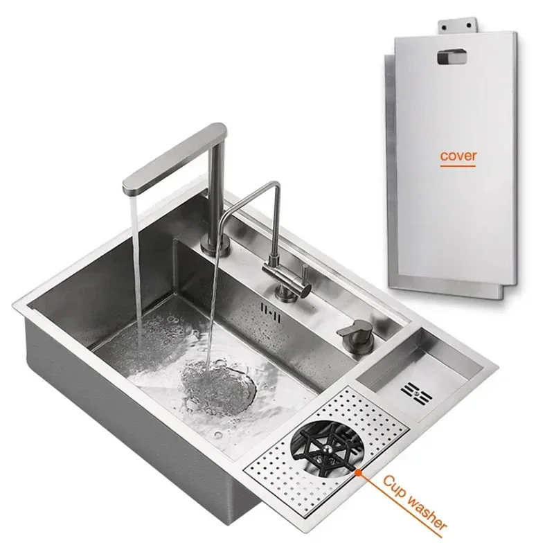 Black Concealed Kitchen Sink with Lid Stainless Steel Multifunctional Bar Built-In Vegetable Sink with Cup Wash Middle Downspout