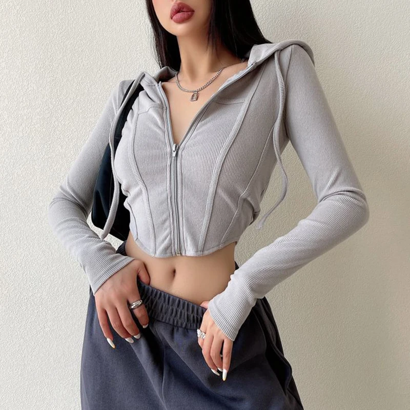 Rimocy Casual Solid Color Hooded Cardigan Women Long Sleeves Y2K Slim Fit Crop Tops Woman 2023 New Zipper Up Streetwear Tees Top