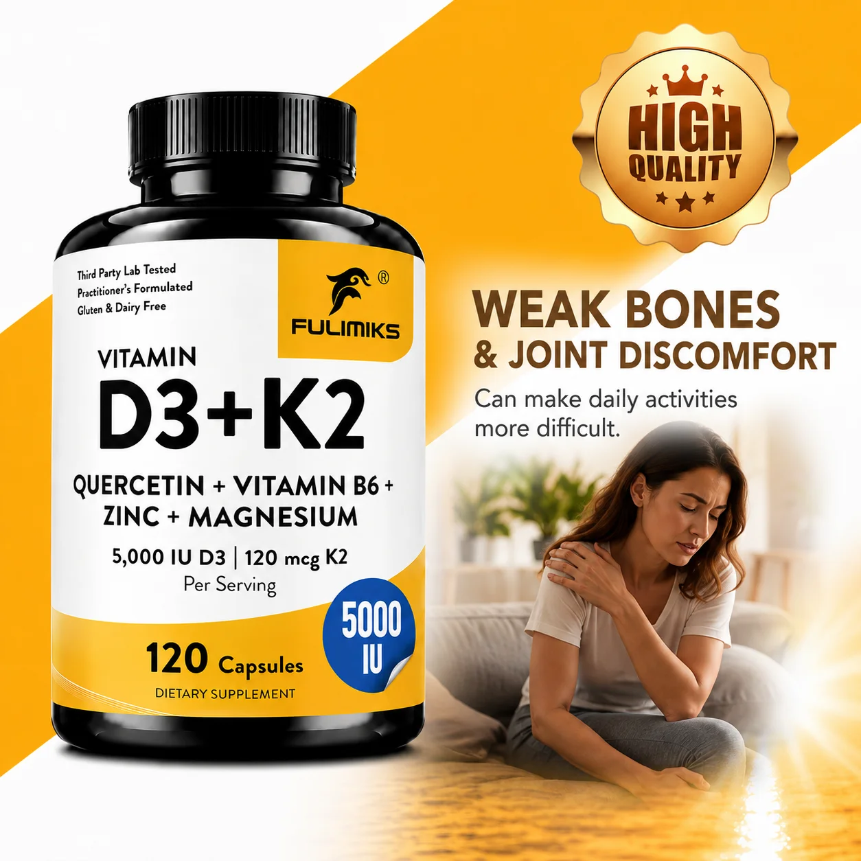 Vitamin D3 K2 Supplement, with Magnesium Zinc B6, Supports Bone Strength, Joint Comfort & Immune Health, Calcium Absorption