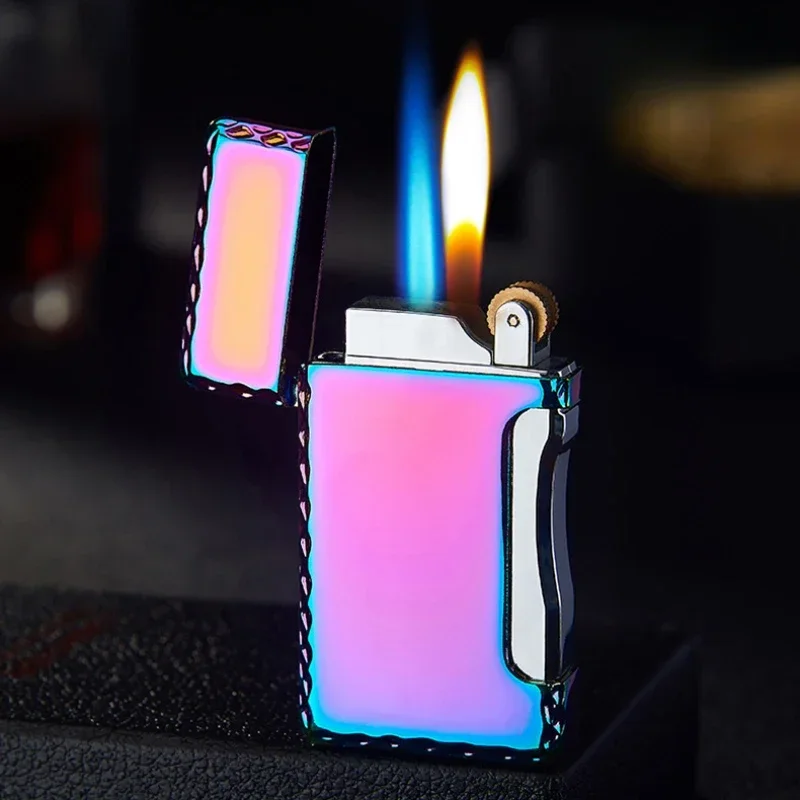 Creative Double Fire Switch Gas Lighter Metal Windproof Sand Wheel Inflatable Windproof Lighter Men Smoking Gifts