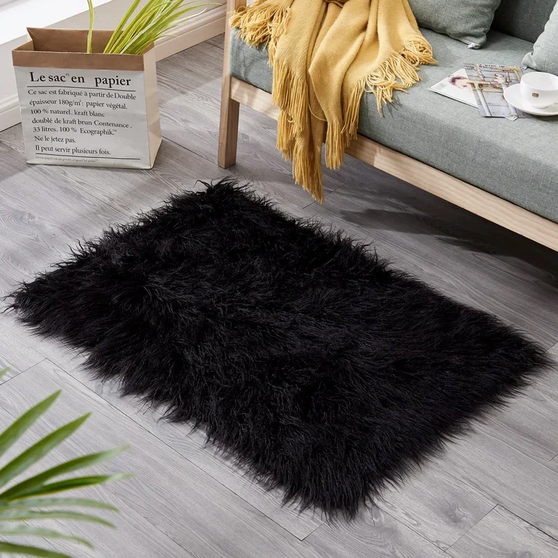 Long Hair Solid Carpet Living Room Deco Artificial Skin Rectangle Fluffy Mat Pad Anti-Slip Chair Sofa Cover Plain Area Rugs