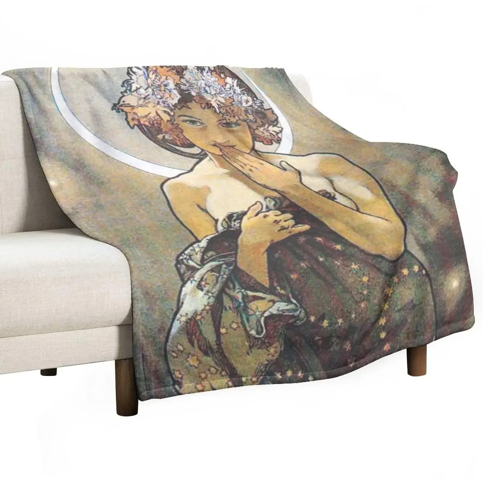 HD. The Moon and the Stars, (number 1 from serie of 4) by Alphonse Mucha (1902) HIGH DEFINITION Throw Blanket Summer Blankets