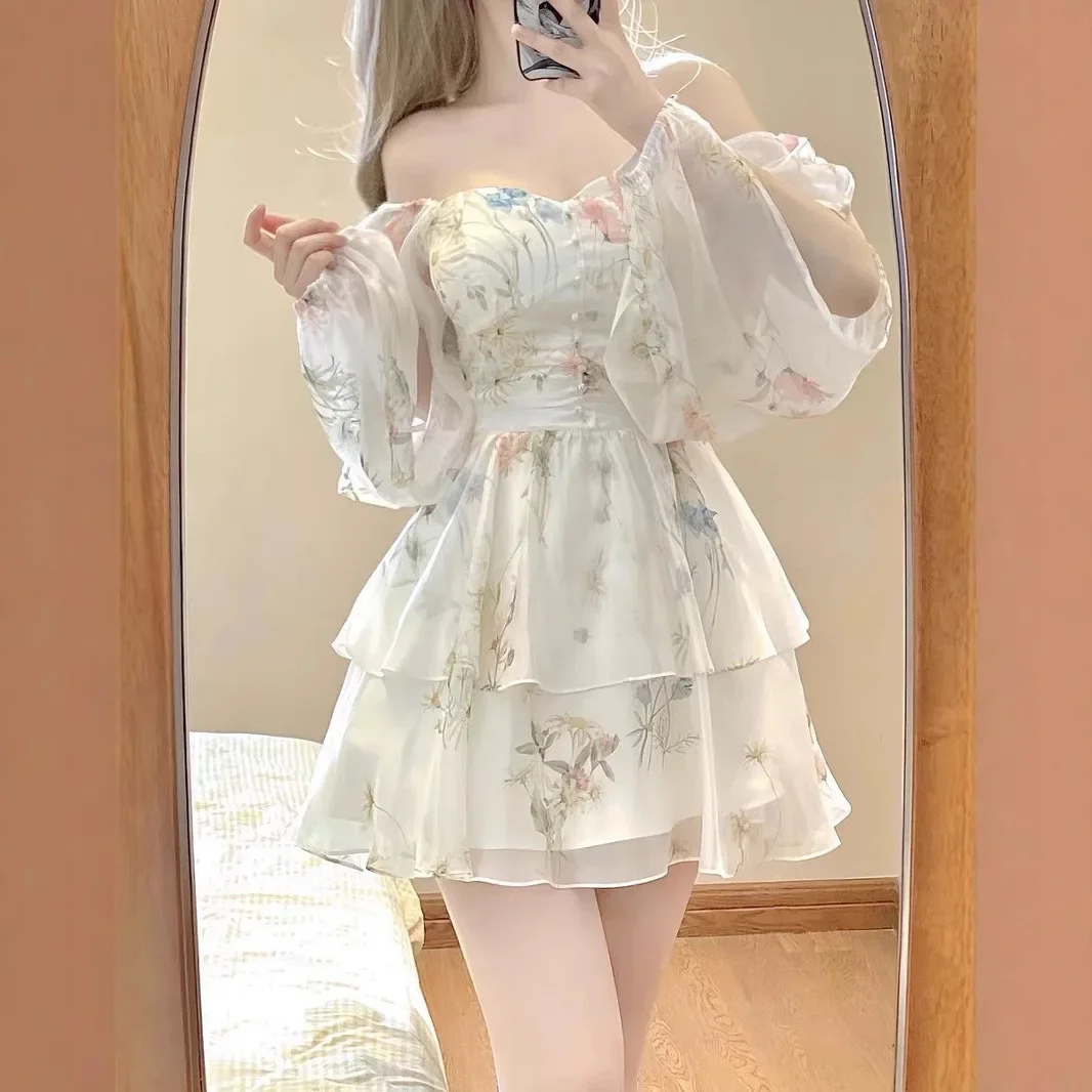 ウエストシェイプショートドレス レディース エレガントな雰囲気 フレンチスタイル 花柄シフォンサマードレス イレギュラーヘムライン フェアリースカート