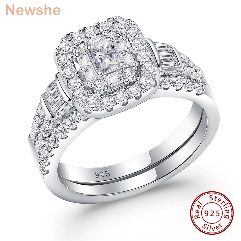 

Newshe 2 Pieces Set Wedding Rings for Women 925 Sterling Silver Top Grade Halo Radiant CZ Engagement Ring Original Jewelry