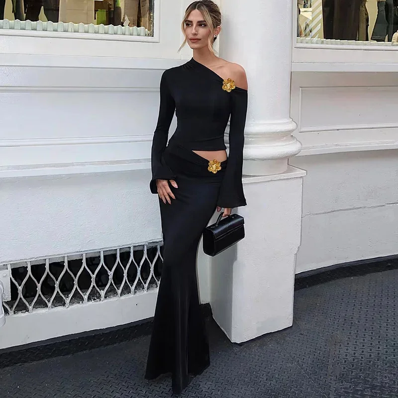 

Metallic Flowers 2 Piece Sets Women Elegant Skew Collar Full Sleeve Crop Irregular Tops+Long Skirts Matching Clubwear 2025 Suit