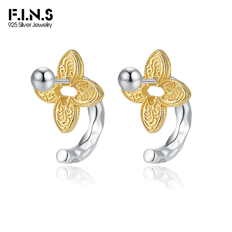 F.I.N.S S925 Pure Sterling Silver Tangcao Patterns Screw Earrings Fashion Relief Flower Front and Back Ear Studs Fine Jewelry