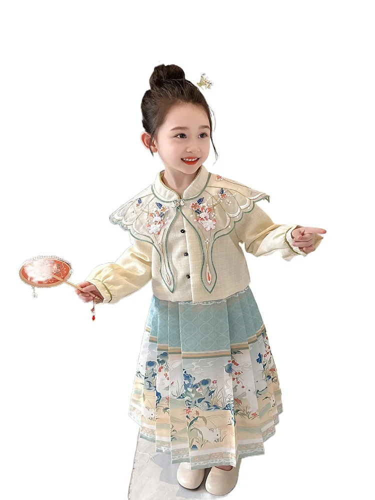 Hanfu Girls' Autumn Wear New 2023 Chinese Style Children's Daily Improvement Horse Face Skirt Set Super Xianming Ancient Clothes