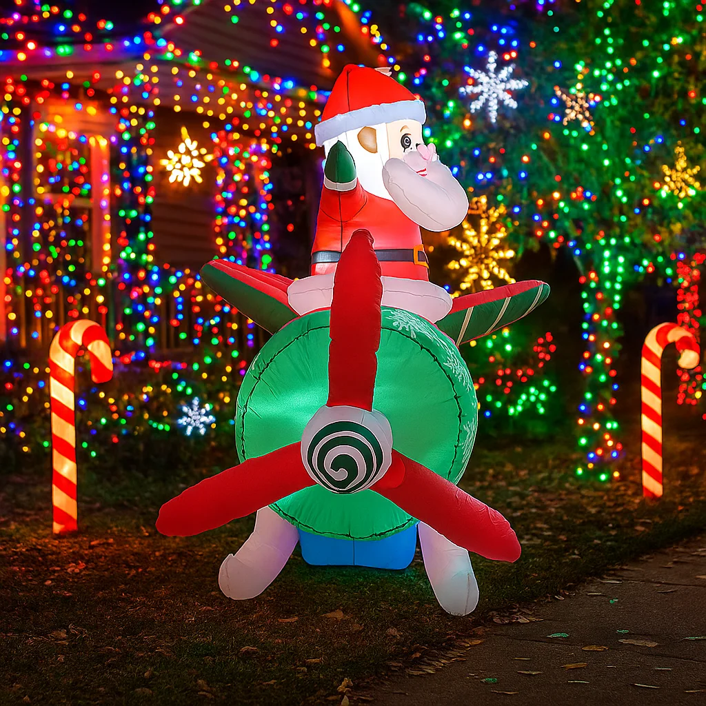 8.9FT Christmas Outdoor Party Toy Christmas Decorations Inflatable Santa Claus Airplane Toys Home Yard Ornaments with LED Decor