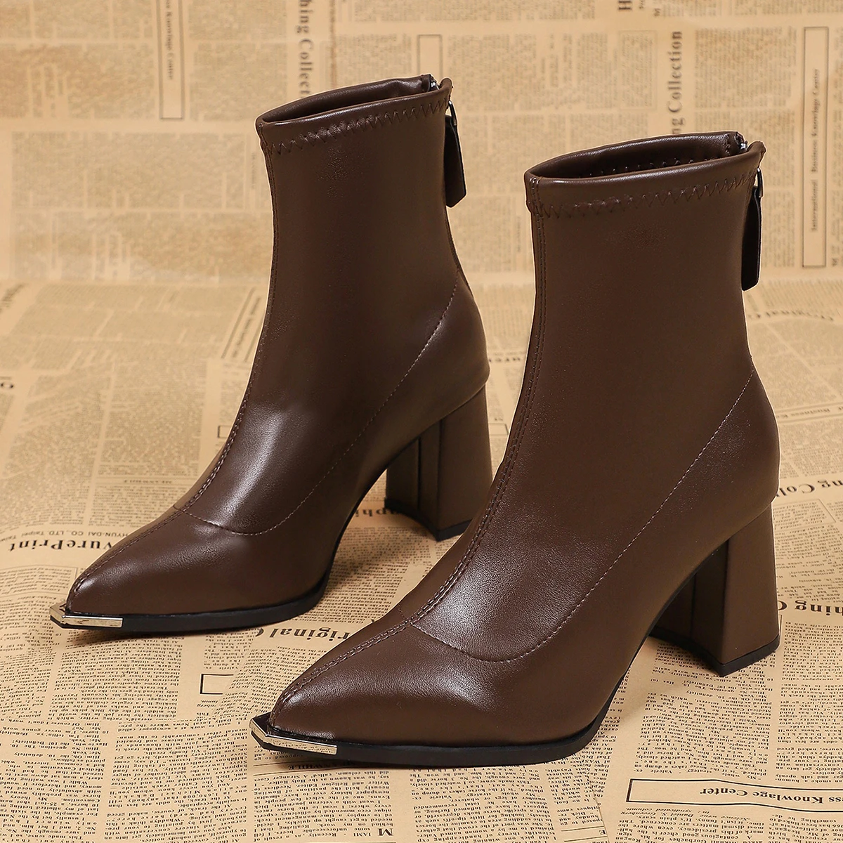 Women Pointed Toe Metal Tip Chunky Block Heel Ankle Boots Back Zipper Leather Stretch Booties Autumn Winter Shoes Black Brown view 4