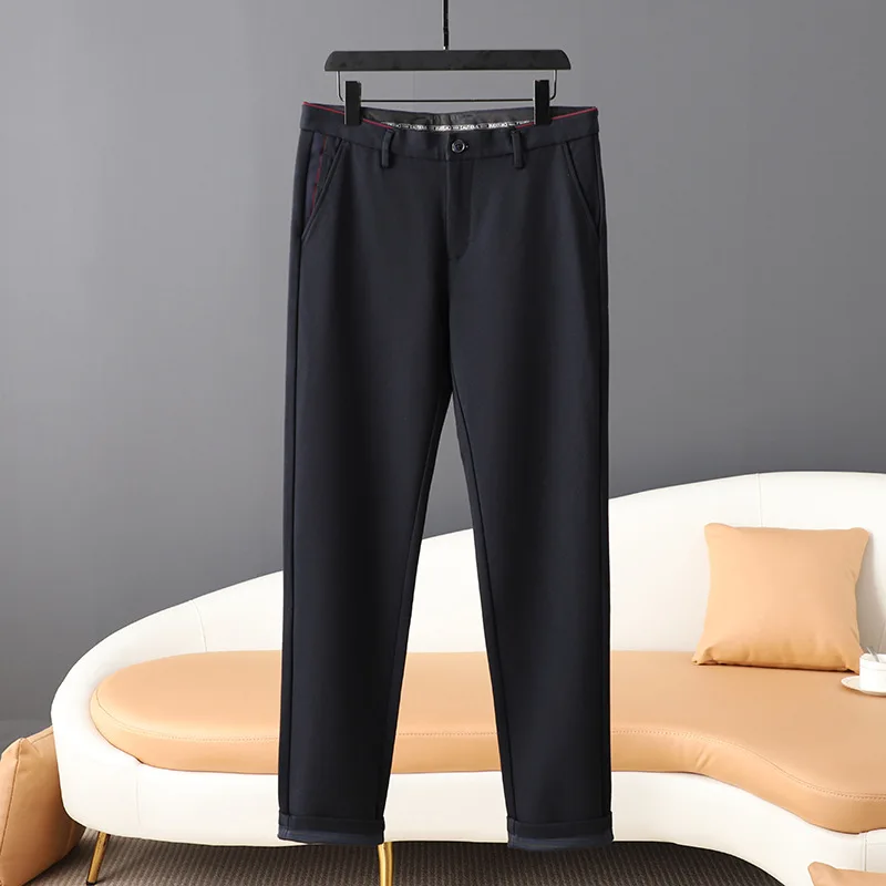 

High End Men Winter Fall Business Casual Large Size Straight Pants Solid Color Premium Thicken Drape Suit Vintage Basic Trousers