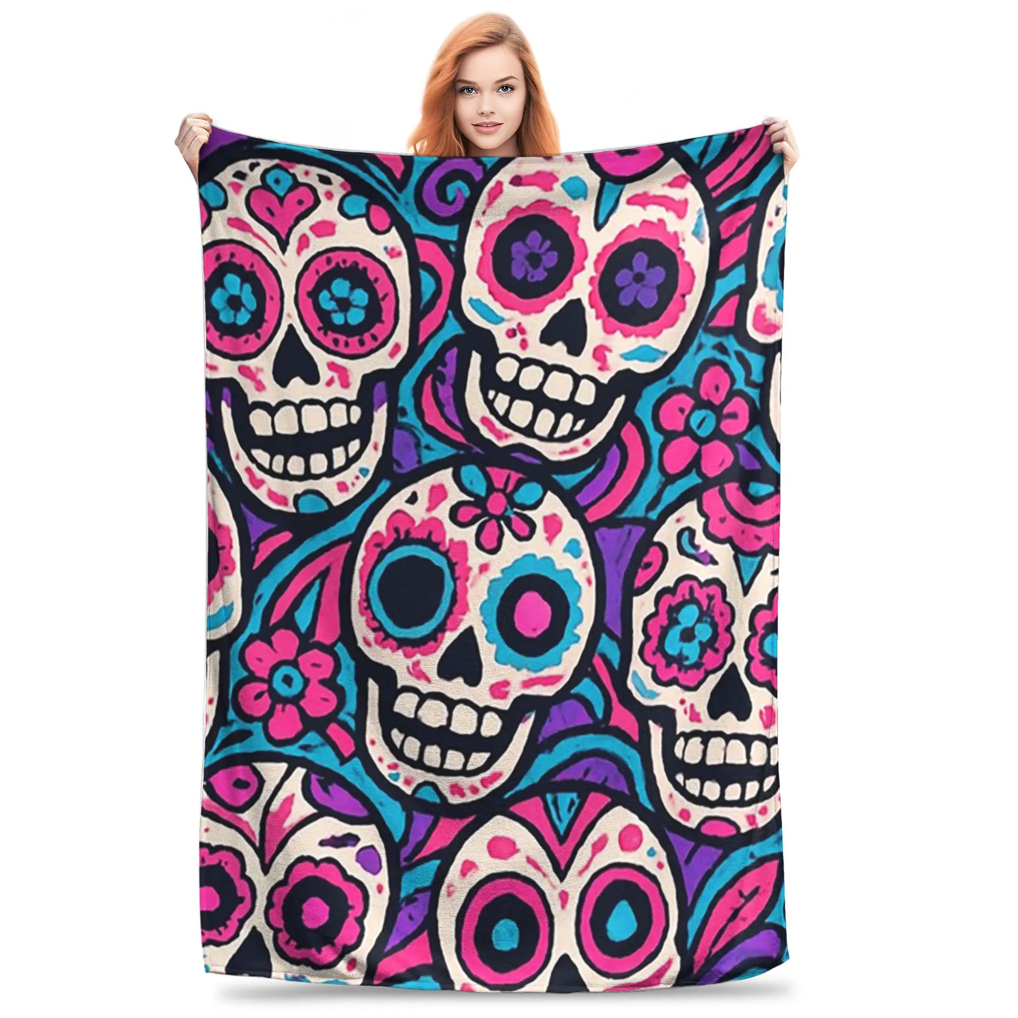 

Laughing skulls in a riot of color Blanket Portable Fleece Sofa Throw Blanket for Home Bedroom Office Throws Bedspread Quilt