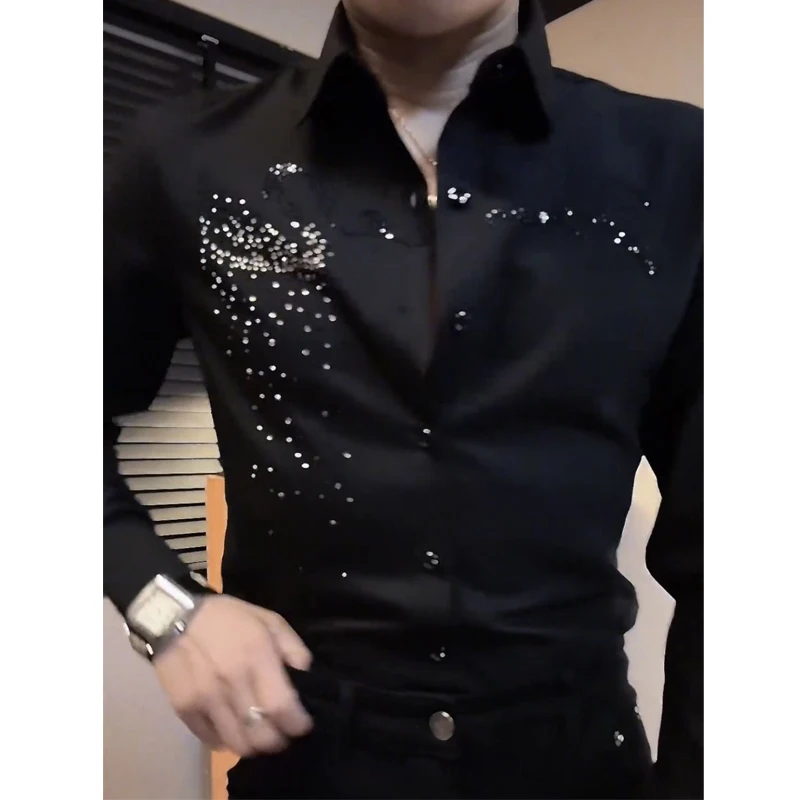 Spring Autumn Men\'s Korean Fashion Business Casual Rhinestone Button Up Shirt Male England Black Long Sleeve Slim Handsome Tops