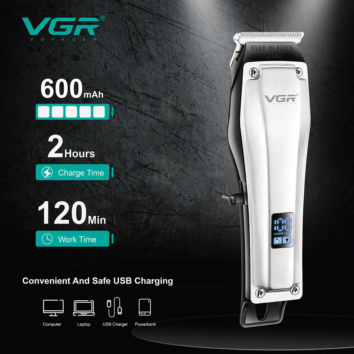 ماكينة قص الشعر الكهربائية القابلة لإعادة الشحن عبر USB VGR 905 ماكينة تشذيب الشعر اللاسلكية الاحترافية للرجال