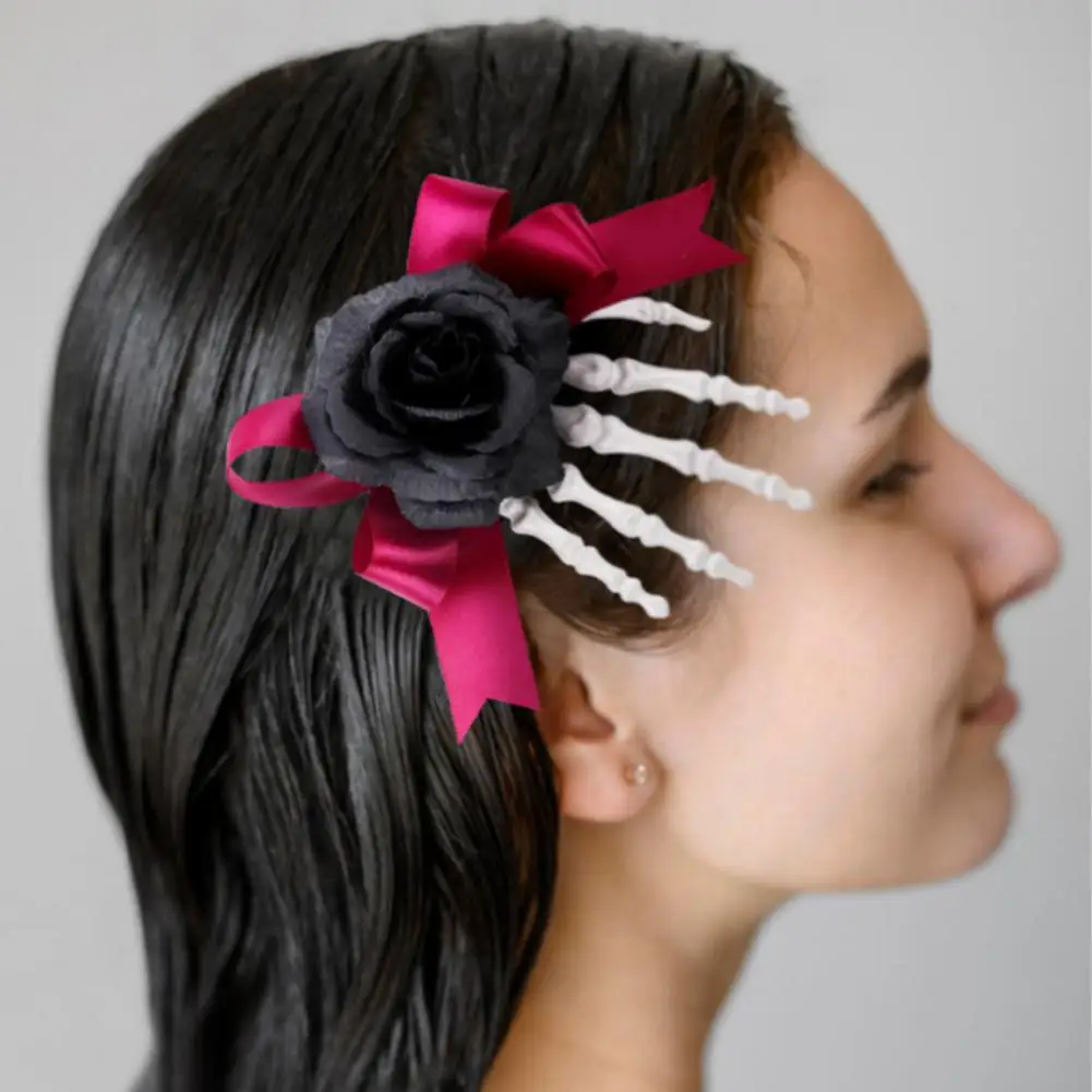 Hairpin Dark Style Halloween Hair Pin Skeleton Hand Frame with Artificial Rose Flower Bow Decoration Spooky Hair Clip for A Look