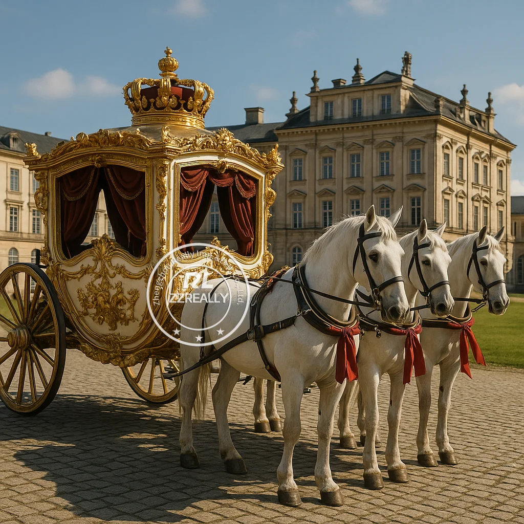 Carruagem de ouro real personalizada, carruagem de cavalo medieval, tigelas de doces de cavalo real, casamento, trailer de transporte desenhado