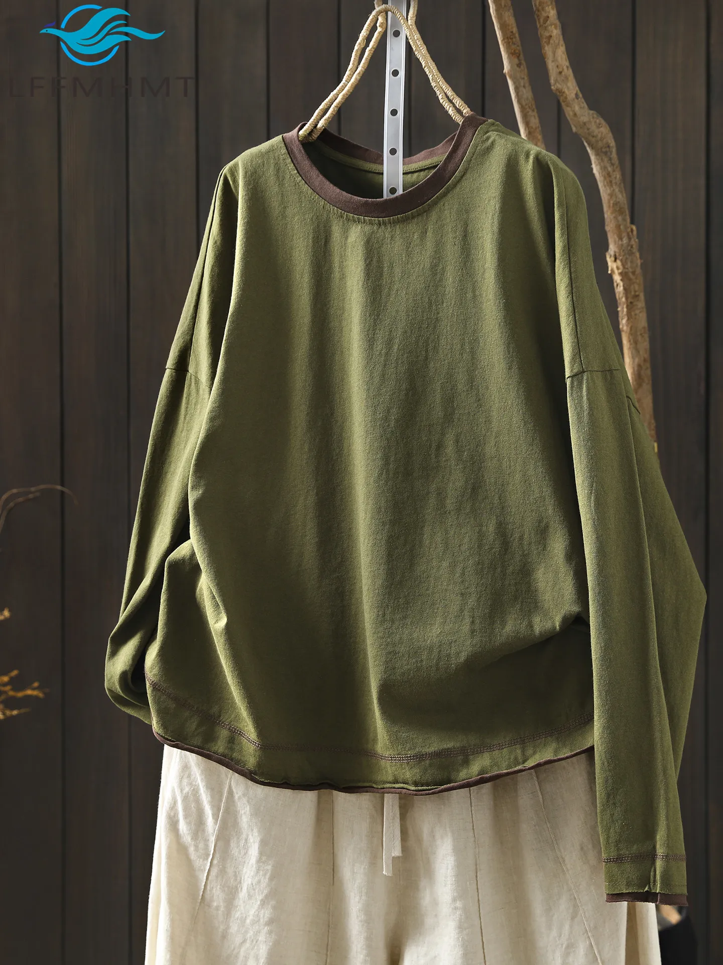 Long-sleeved T-shirt Women's 2026 Spring New Fashion Good Quality 100% Cotton Green Casual Style Loose Comfortable Ouwear Tops