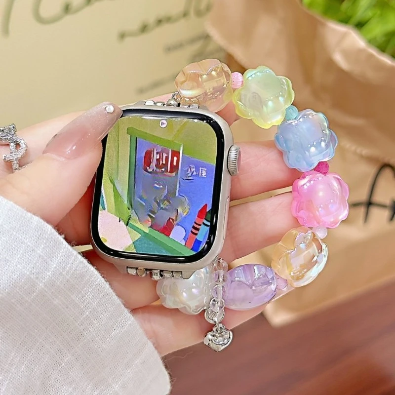 Aurora Flower Beaded Strap for Mi Band 8 9 10 Women Cute Heart Elastic Bracelet Wristband for Redmi Watch 4 5 6 Replacement Band