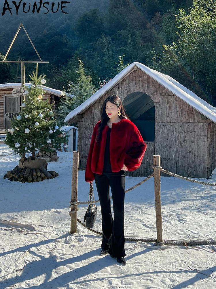 AYUNSUE 2025 กํามะหยี่ธรรมชาติ Mink Fur Jacket ผู้หญิงฤดูหนาวหรูหราทั้ง Mink เสื้อแจ็คเก็ตฤดูหนาวสําหรับเสื้อผ้าผู้หญิงสั้นС